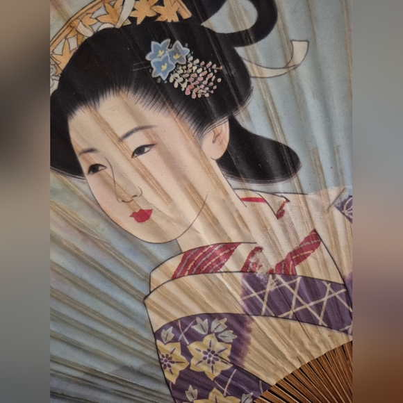 Japanese Geisha Paper Hand Fan Wooden Bamboo Handle Antique - Picture 6 of 10